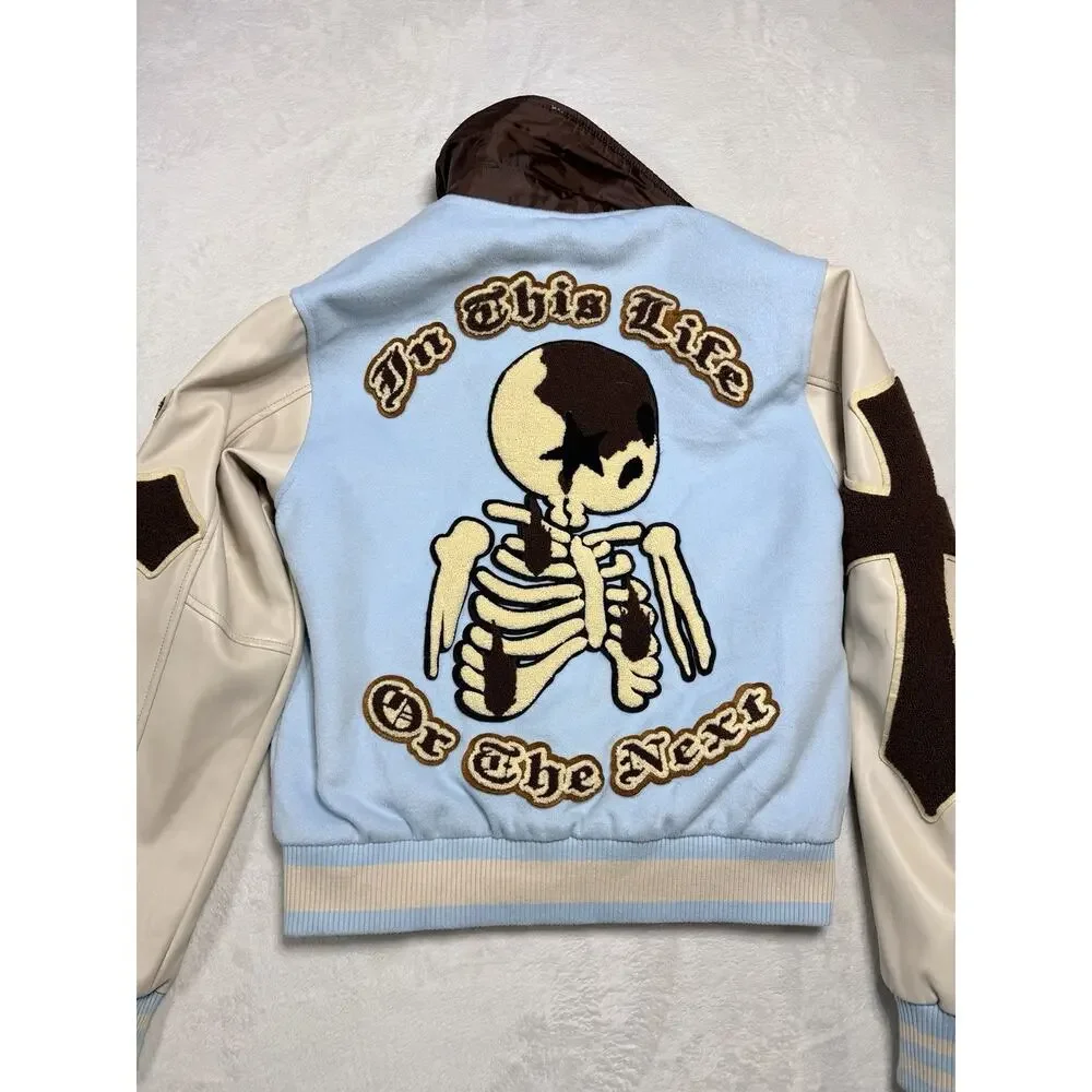 VRT Streetwear Varsity Jacket XS Blue Skeleton In This Life Or The Next Patch